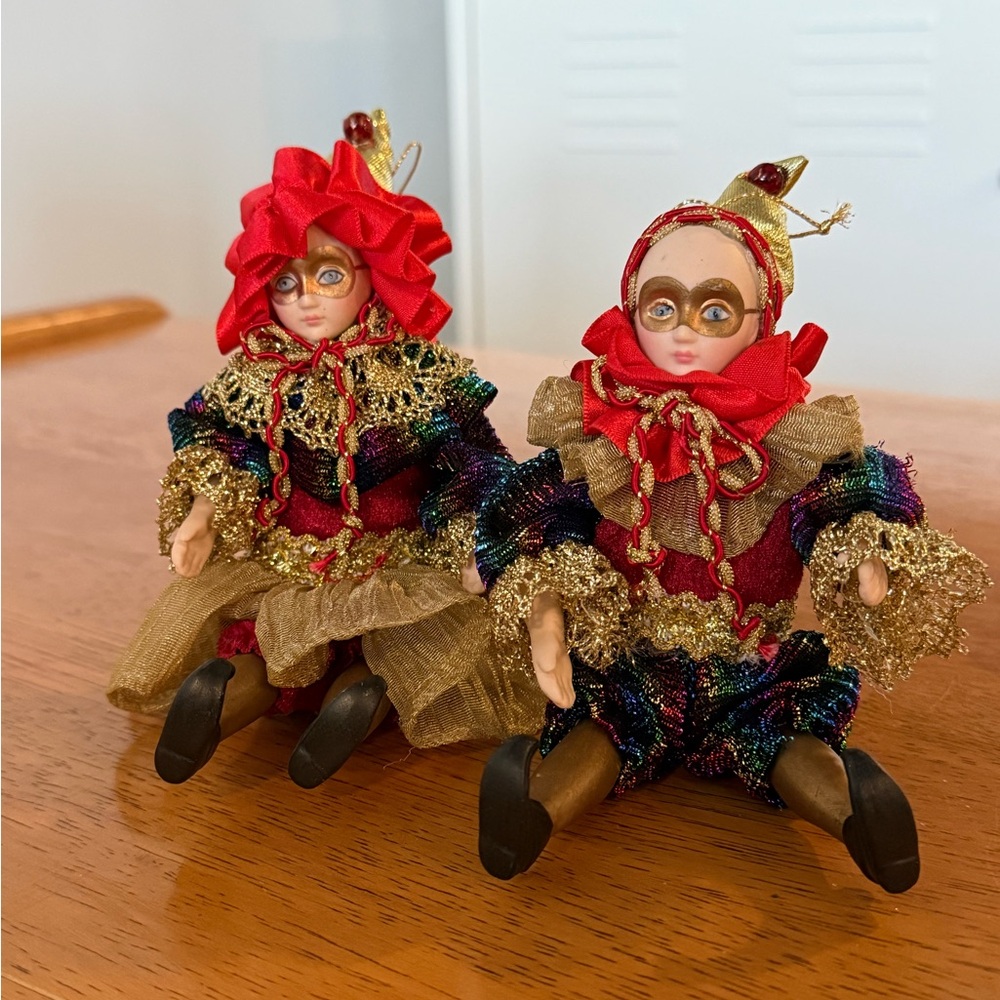 2 Vintage Porcelain Jointed Jester Christmas Tree Ornament Doll Figurines